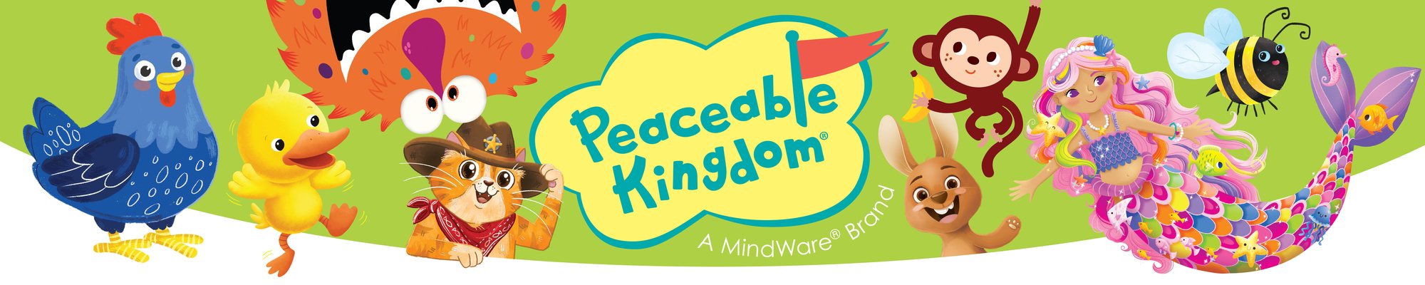 Peaceable Kingdom characters: hen, duck, Woozle, cowboy cat, kangaroo, monkey, mermaid and bee