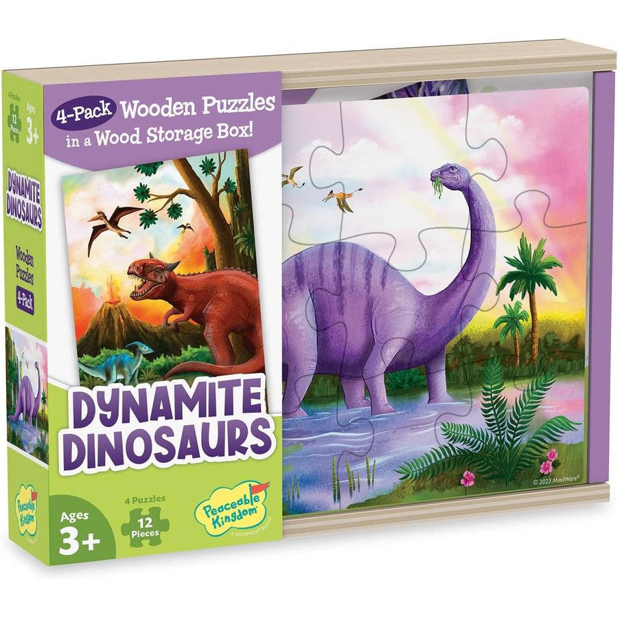Peaceable Kingdom Wooden Dinosaur Puzzles 4-Pack with Box